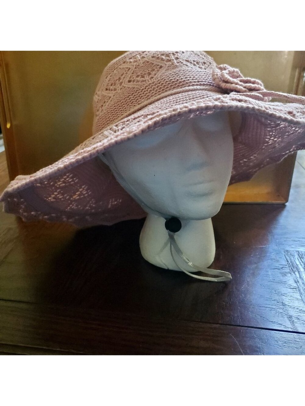 New Hat Pink Crochet Handmade w/ Rosette Adjust Headband & Chin Strap. Wire Brim